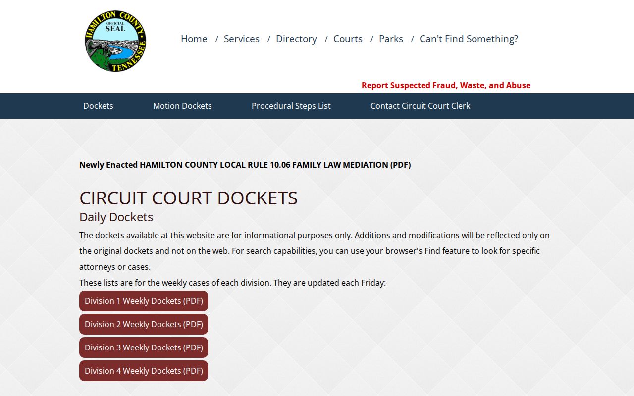 Hamilton County Circuit Court docket page