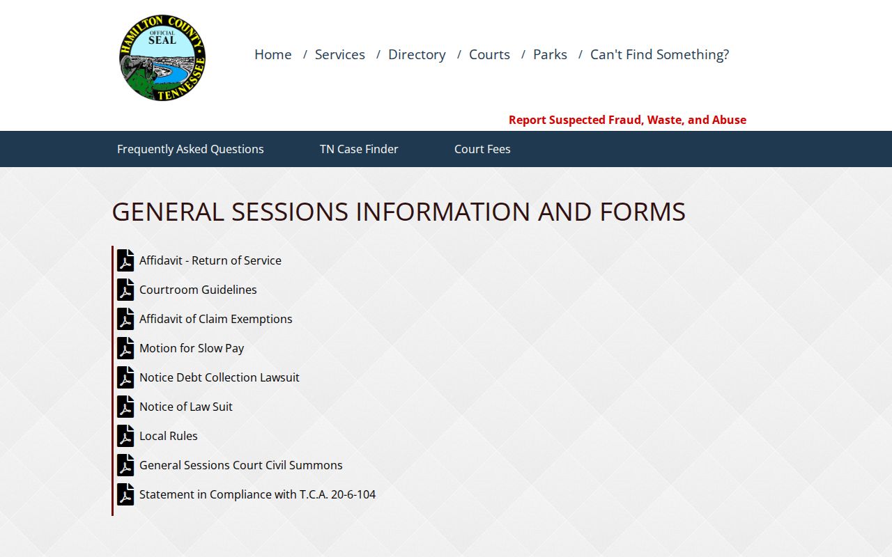Hamilton County Sessions Civil forms page