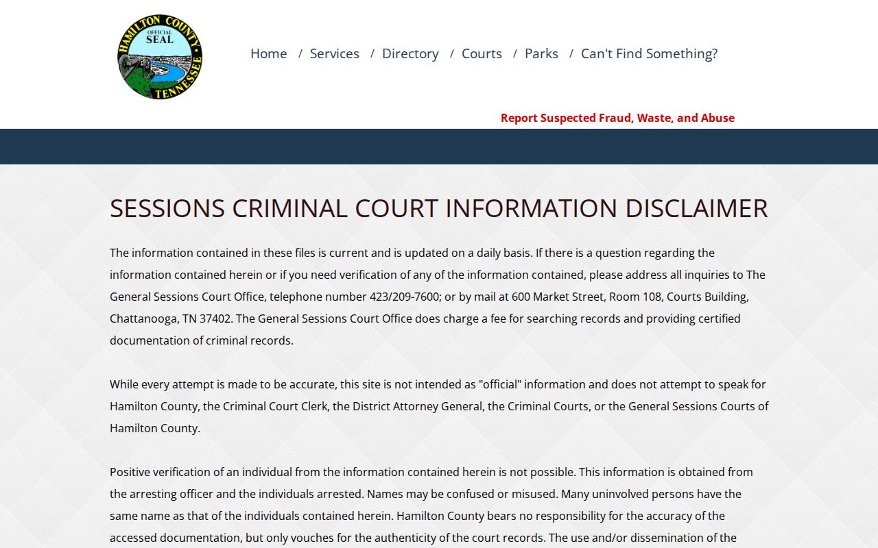 Hamilton County criminal docket access disclaimer