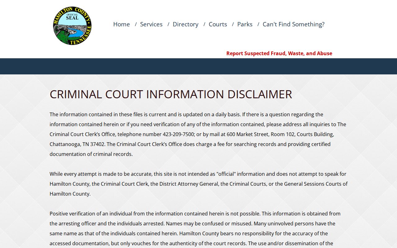 Hamilton County Criminal Court docket disclaimer